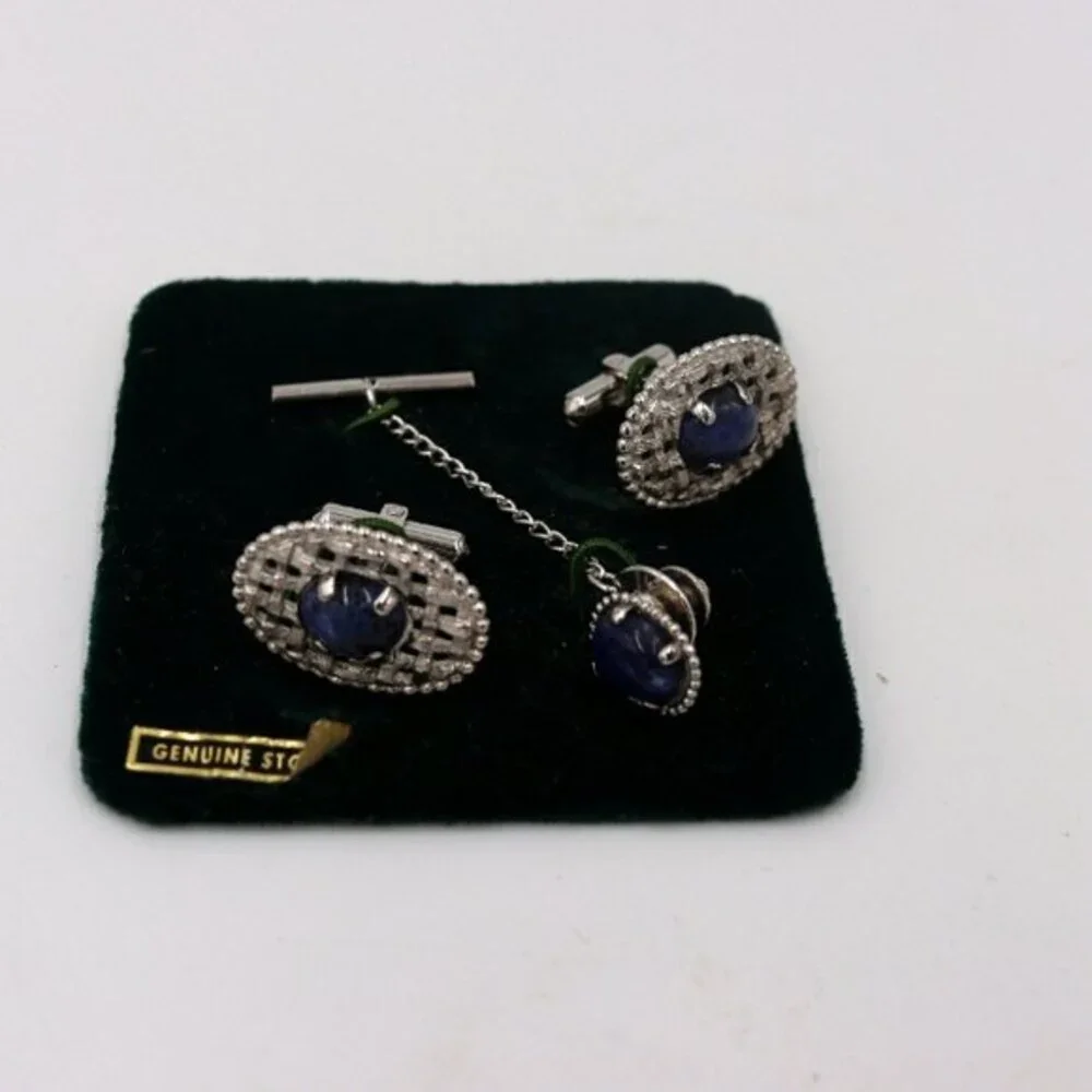Sodalite Genuine Stone Blue Cuff Link & Tie Clip Set